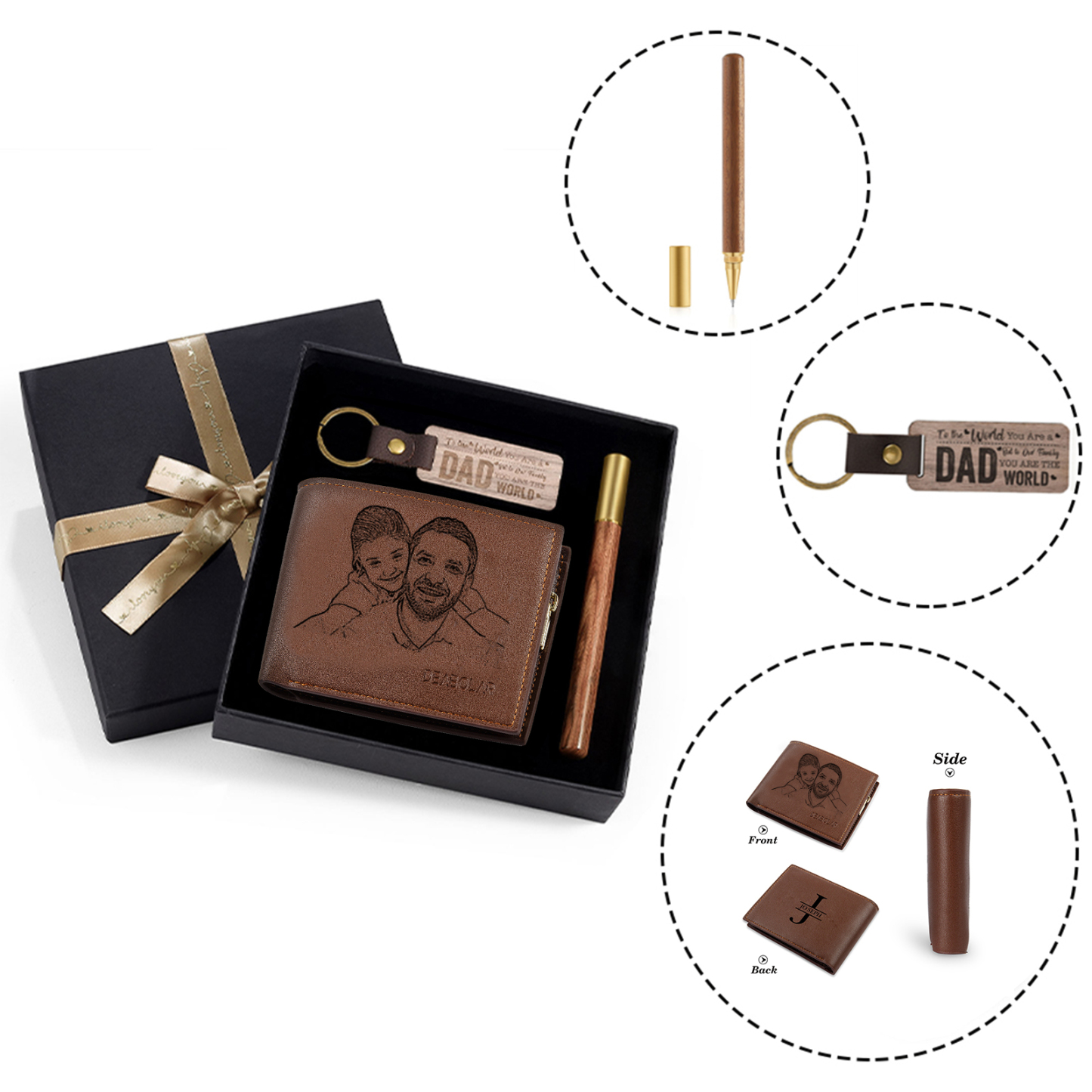 Personalized Leather Wallet Gift Box Set Keychain, Customizable Photo Name Letter Wallet Gift for Dad