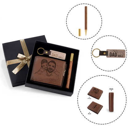 Personalized Leather Wallet Gift Box Set Keychain, Customizable Photo Name Letter Wallet Gift for Dad