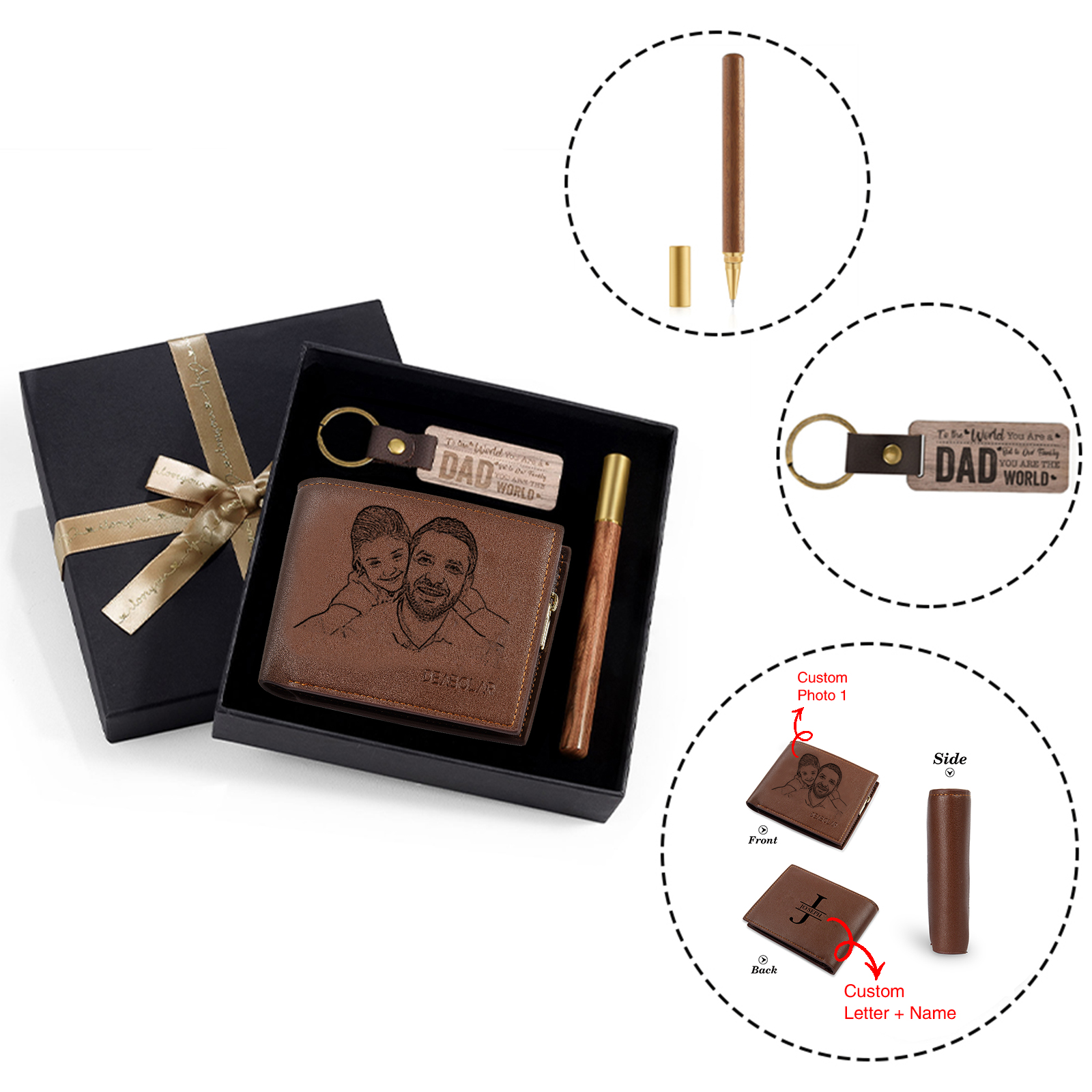 Personalized Leather Wallet Gift Box Set Keychain, Customizable Photo Name Letter Wallet Gift for Dad