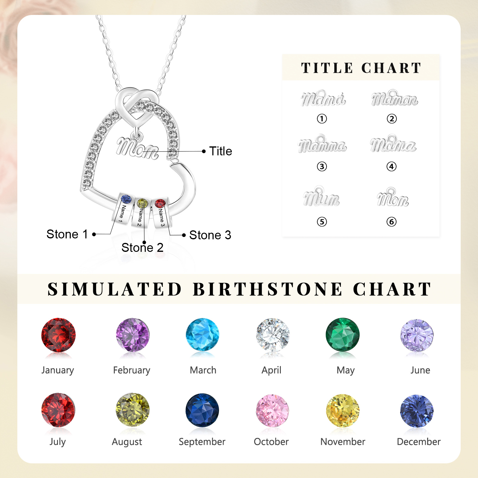 Personalized Mom heart necklace with birthstone and 1-5 names