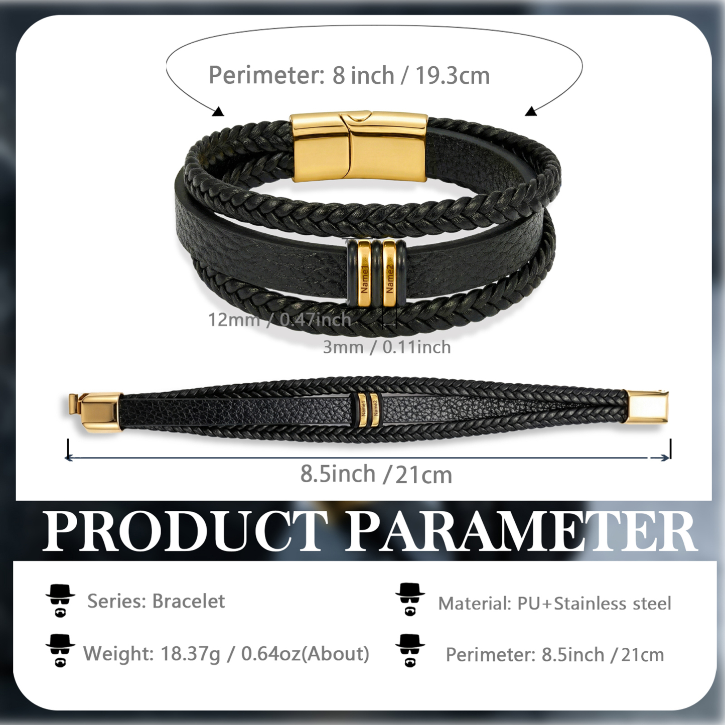 Personalized Braided Leather Bracelet for Men Custom with 2–6 Names Engraved