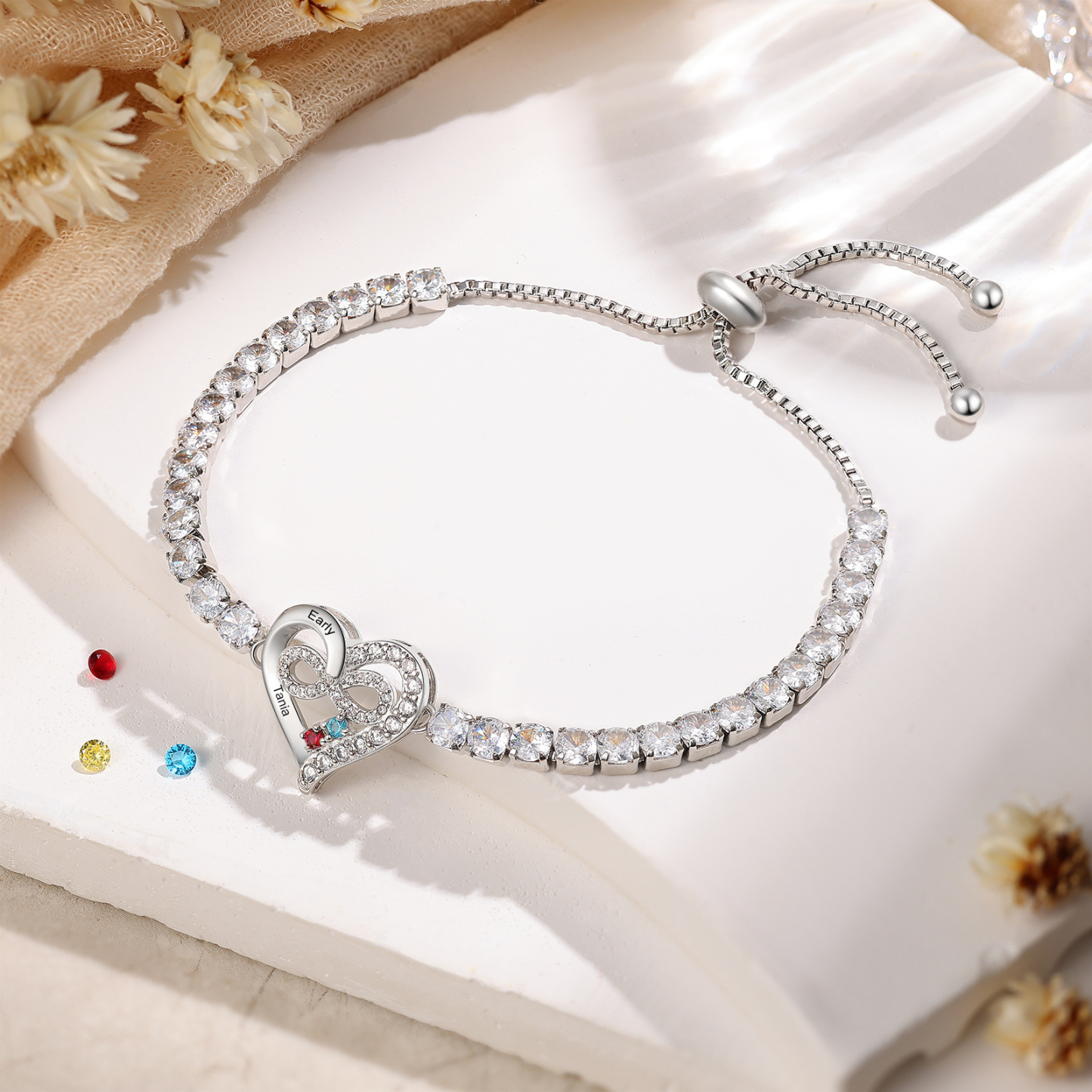 Personalized Tennis Bracelet with Infinity Heart Custom 2-4 Names and Birthstones Adjustable with Cubic Zirconia