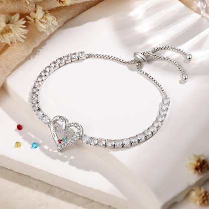 Personalized Tennis Bracelet with Infinity Heart Custom 2-4 Names and Birthstones Adjustable with Cubic Zirconia
