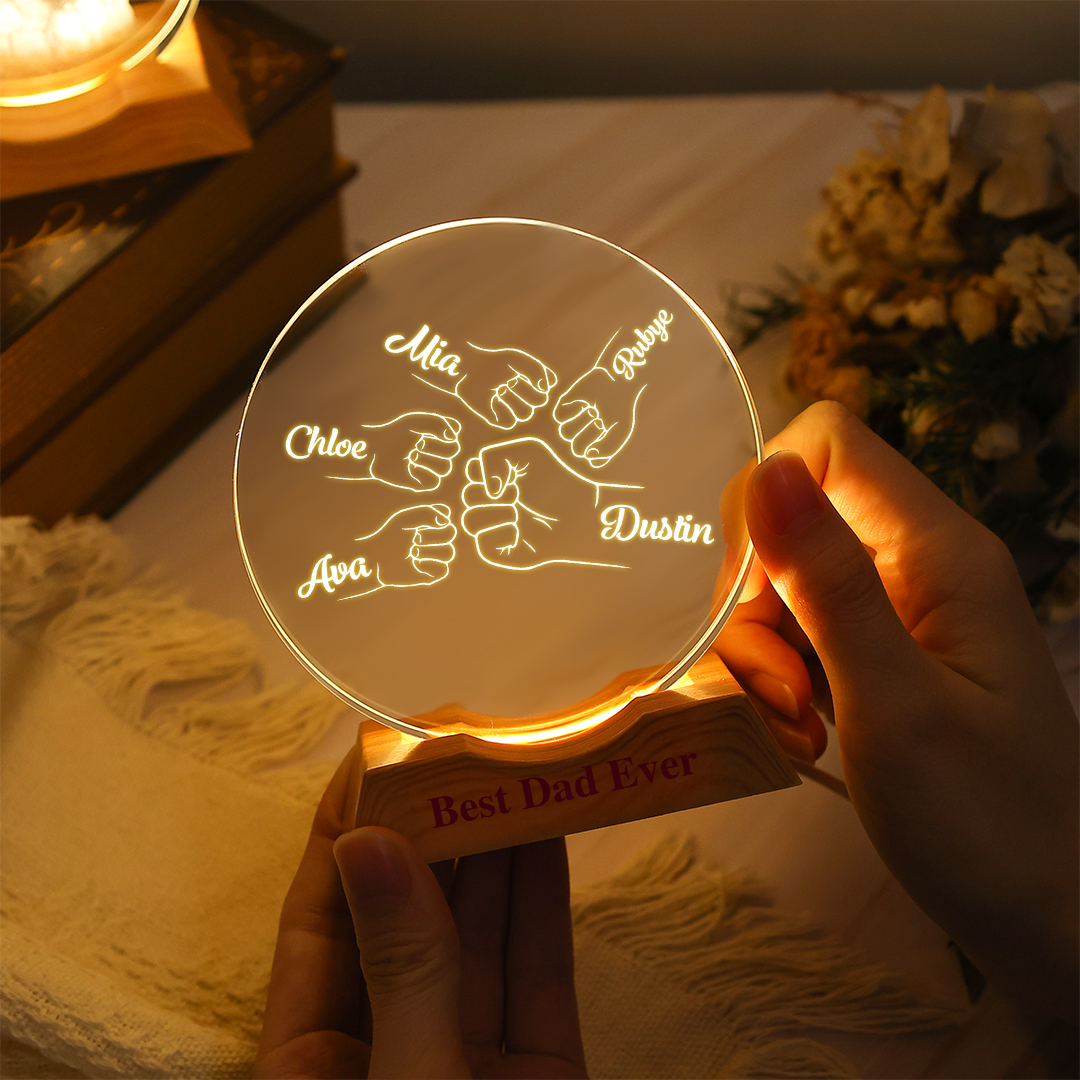 Personalized Crystal Led Night Light For Dad With 1–6 Names And Fist Bump Design