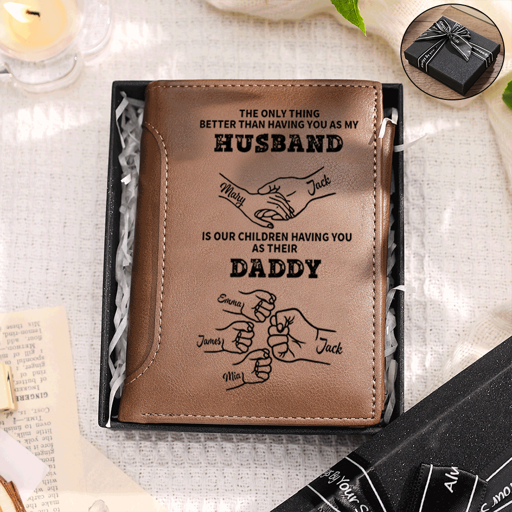 Personalized Brown Leather Dad Wallet – Fist Bump