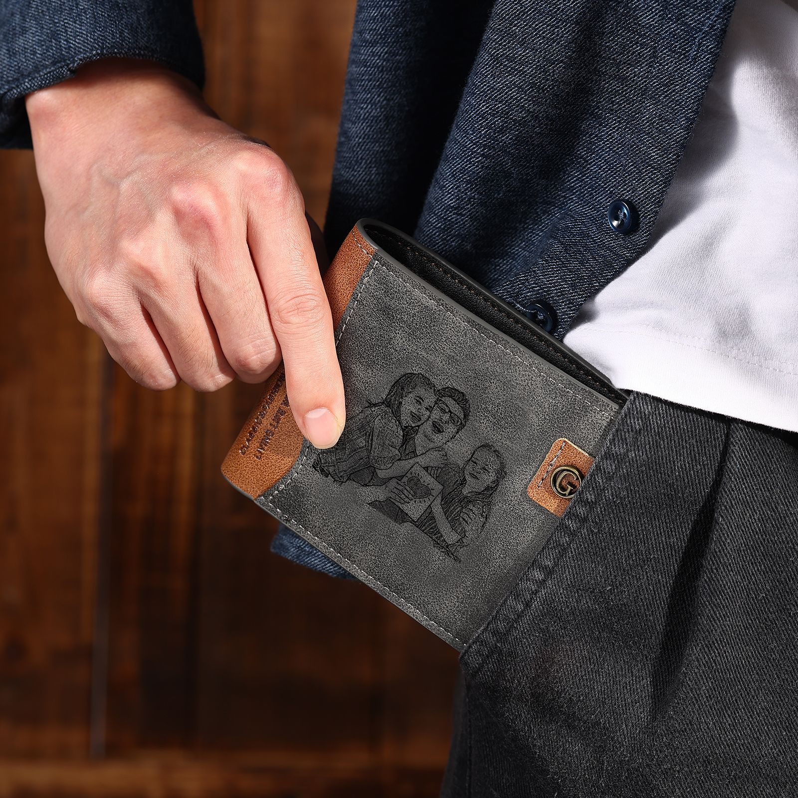 Personalized Men’s Leather Bifold Wallet with Engraved photo Custom Initials and Name