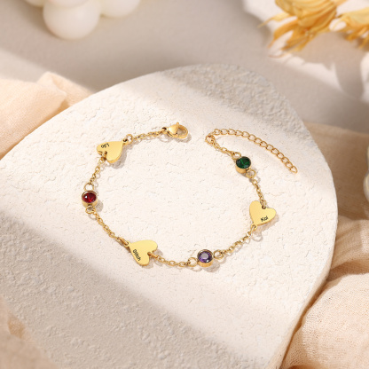 Personalized 1-5 Names Gold Heart Birthstone Chain Bracelet