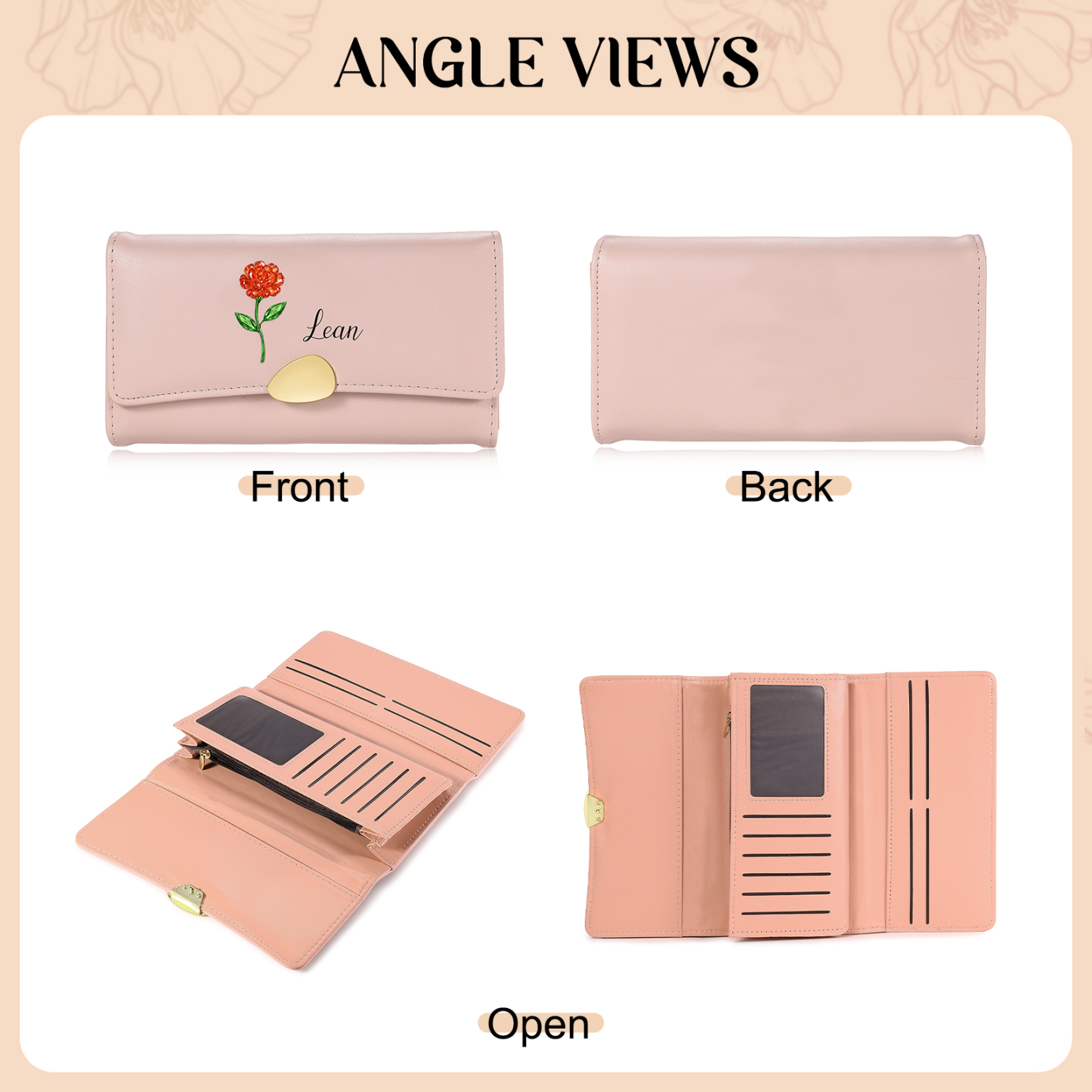 Personalized Long Women Leather Wallet Custom with Birth Flower and Name