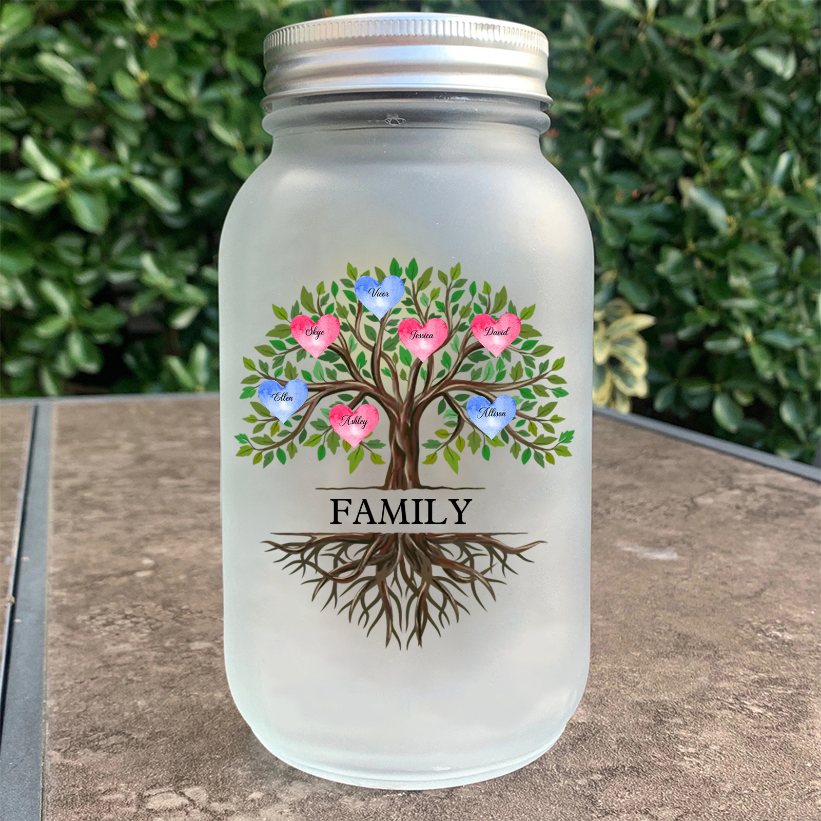 Personalized Solar Glass Bottle Mason Jar Light with family tree – Thank you, Mom