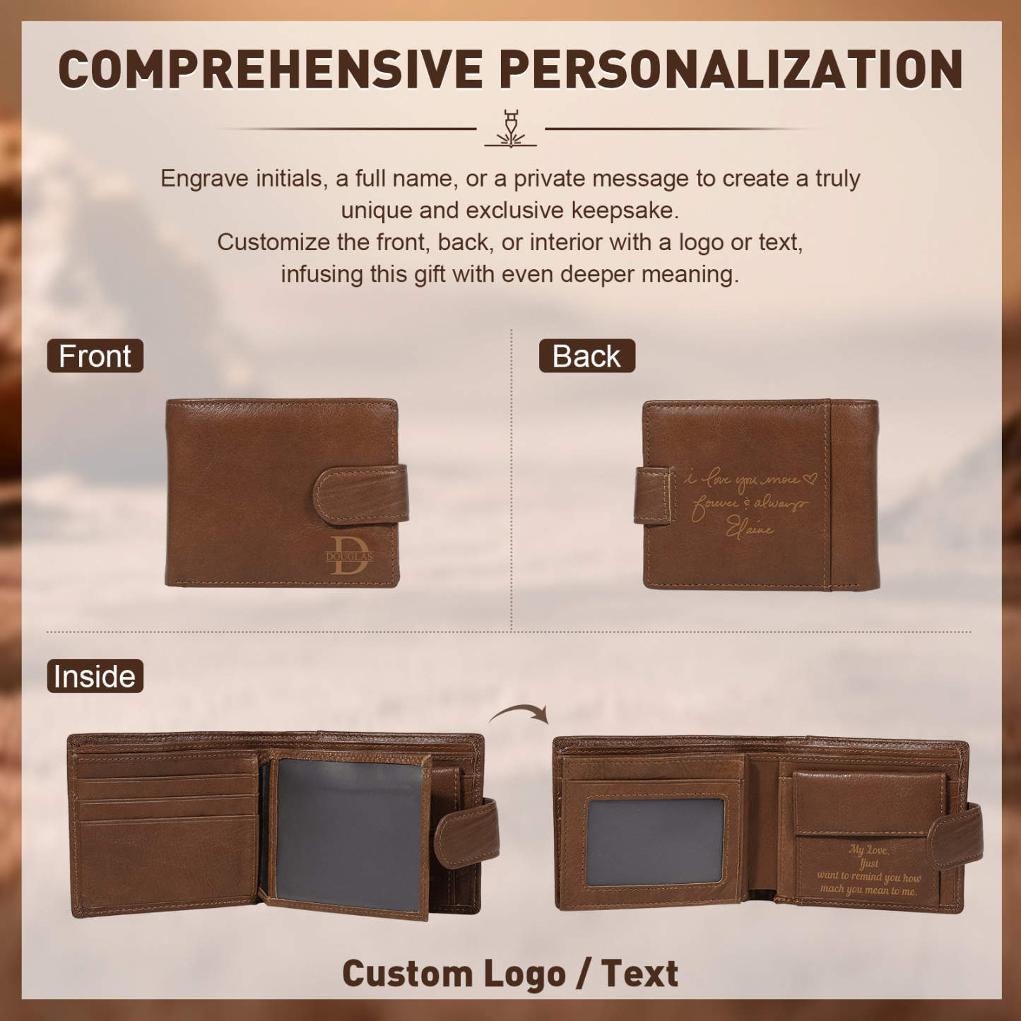 Personalized Leather RFID Blocking Bifold Wallet for Men with Snap Closure Name or Initials Engraved