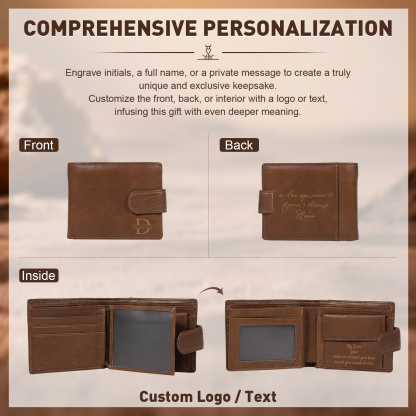 Personalized Leather RFID Blocking Bifold Wallet for Men with Snap Closure Name or Initials Engraved