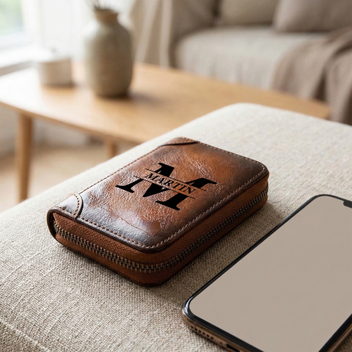 Personalized Genuine Leather Zip Card Holder Multiple Compartments with 9 Designs to Choose From