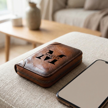Personalized Genuine Leather Zip Card Holder Multiple Compartments with 9 Designs to Choose From