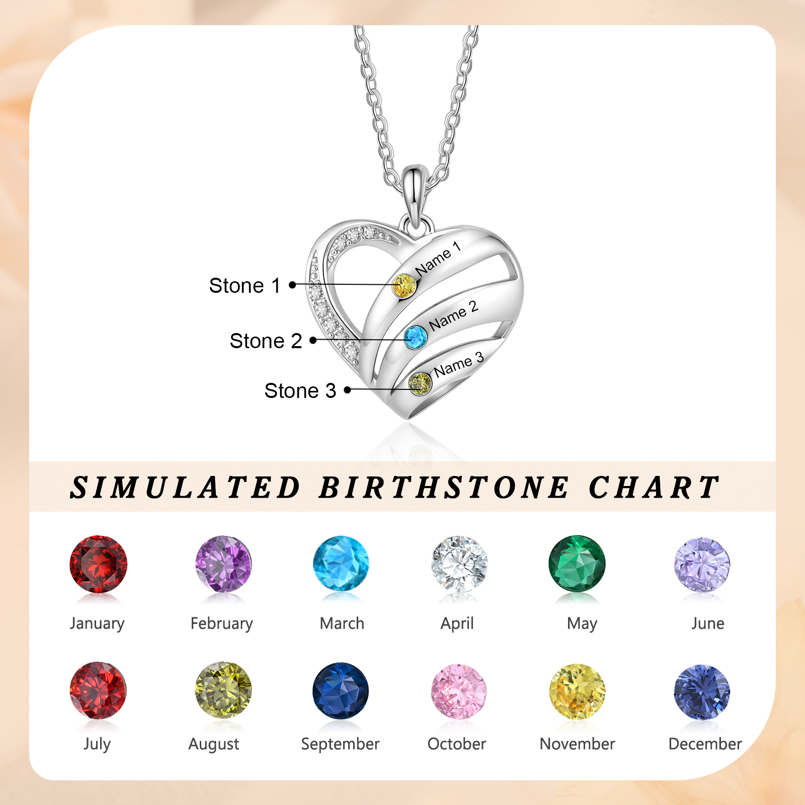 Personalized Heart Birthstones Necklace Customized With 3–5 Names And Stones