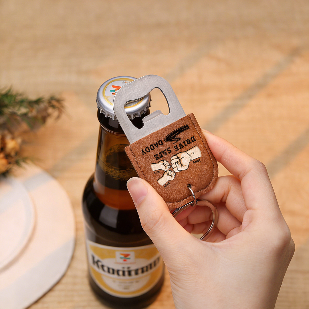 Personalized Leather Keychain With Bottle Opener For Dad Drive Safely