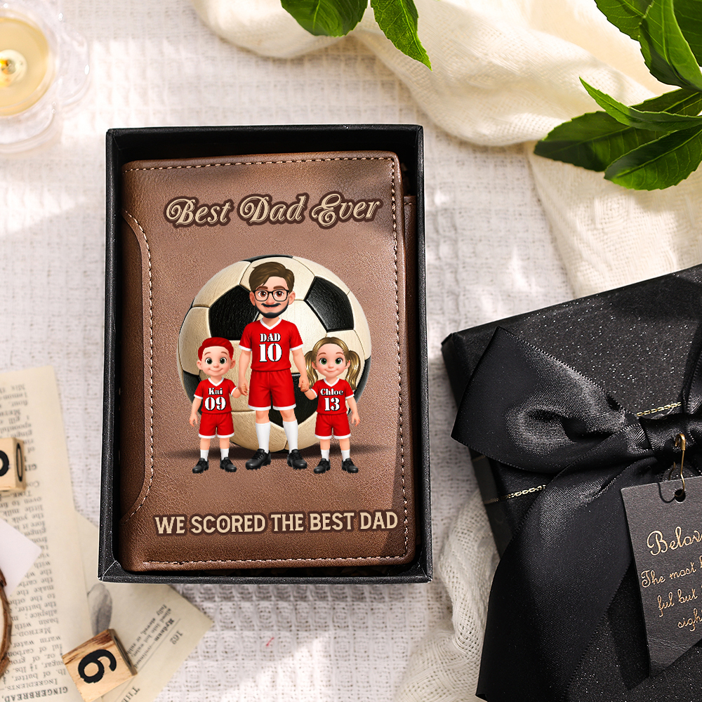 Personalized Leather Wallet for Dad Soccer Team Customized with 1-6 Children