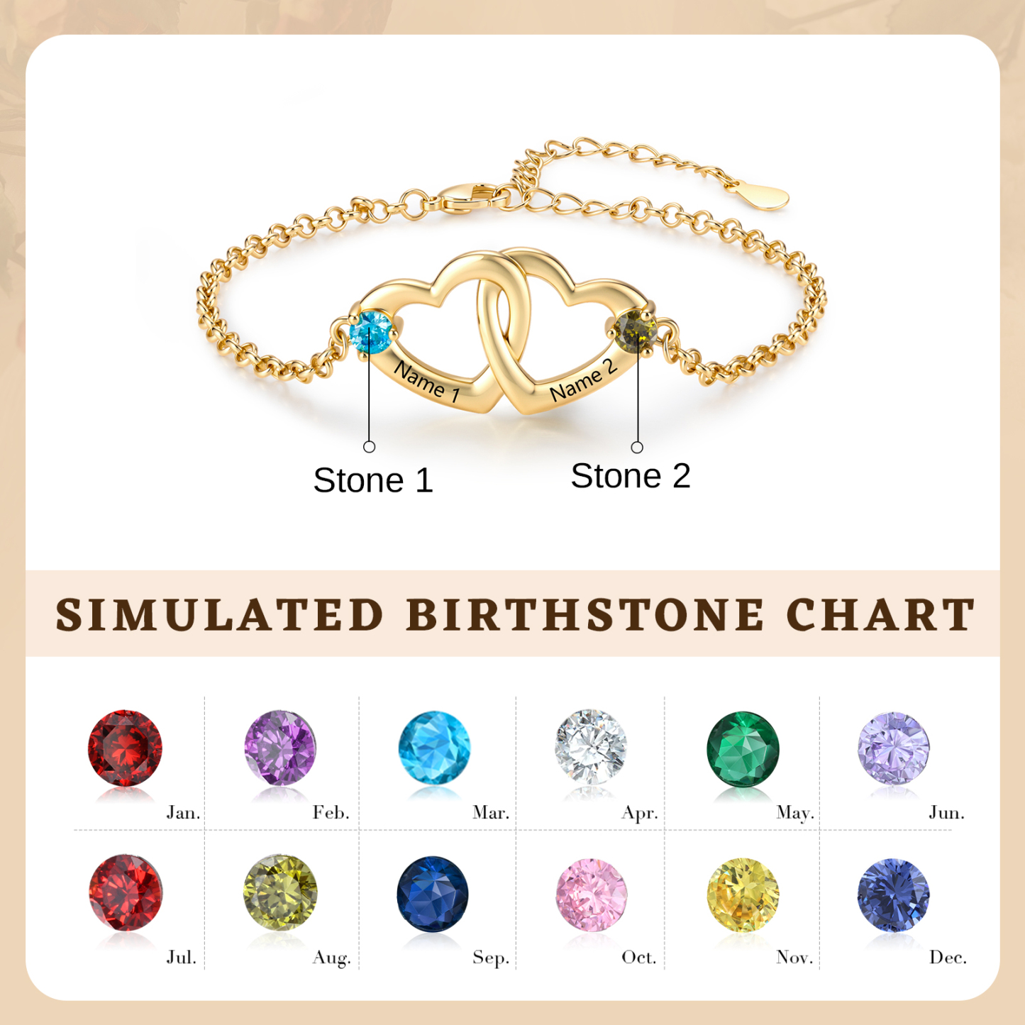 Personalized Heart Bracelet Custom With 2 Names 2 Birthstones Gift For Her