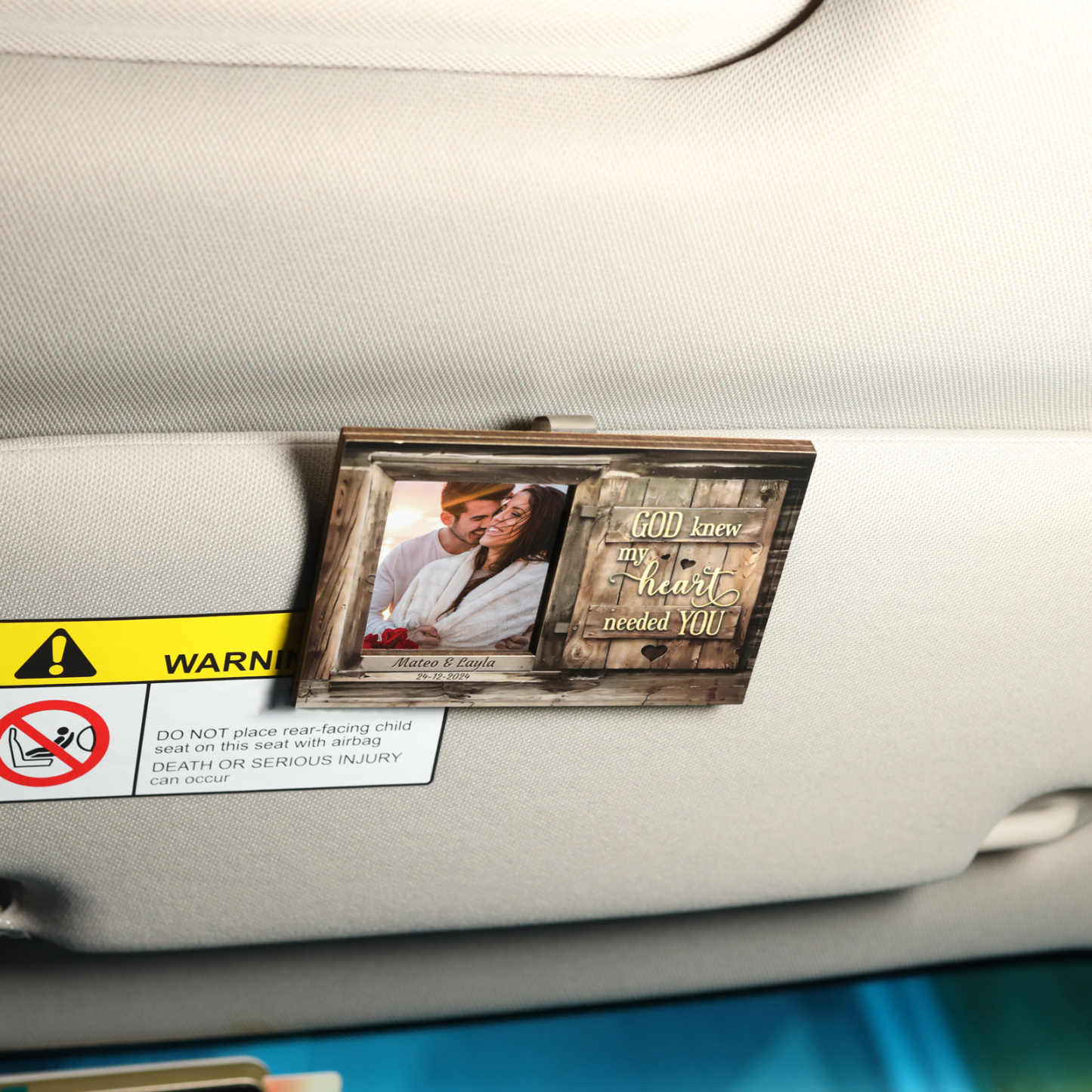 Personalised Wooden Car Sun Visor Clip with Two Names, Photo, and Date – Valentine’s Day Gift for Him/Her | Jessemade