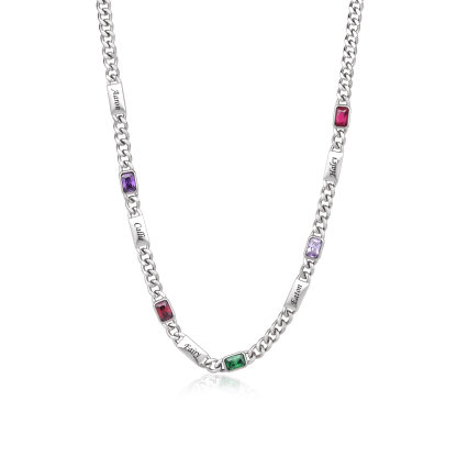 Personalized Cuban Chain Men Necklace Custom With 1-6 Names And Birthstones Gift For Dad Or Husband
