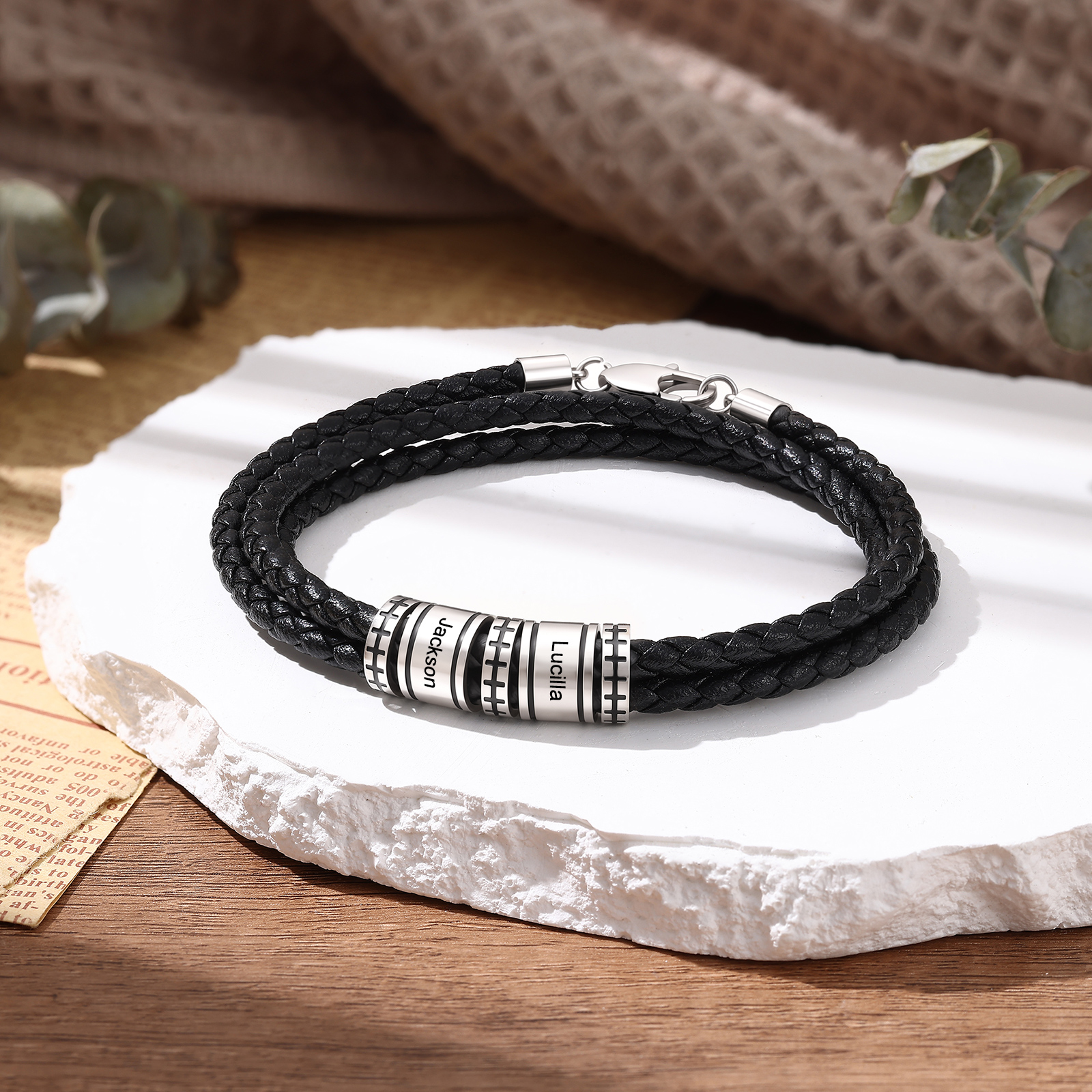 Personalized Men’s Braided Leather Bracelet Engraved Beads with 1 to 6 Names