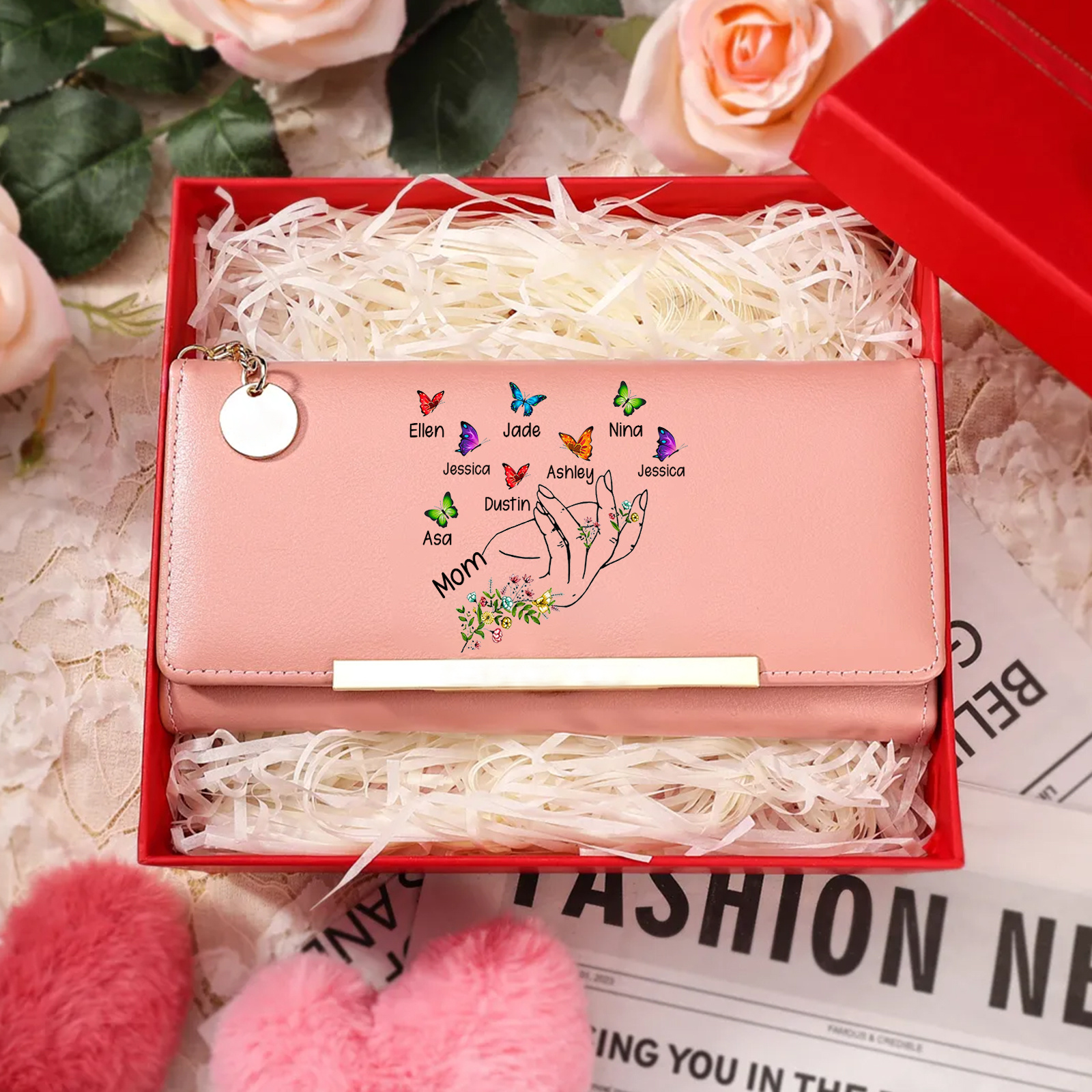 Personalized Women Wallet Floral Butterfly Design Customized With 2–8 Names