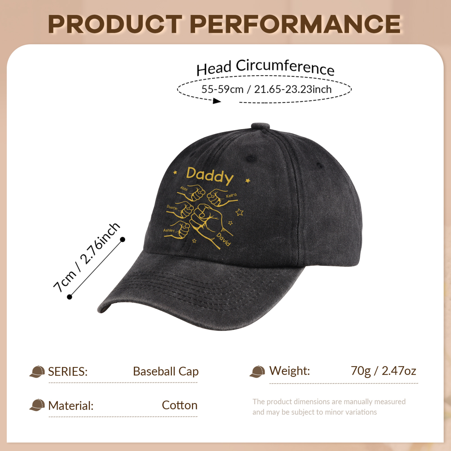 Personalized Washed Denim Baseball Cap Customized with 1-10 Names and Fist Bumps