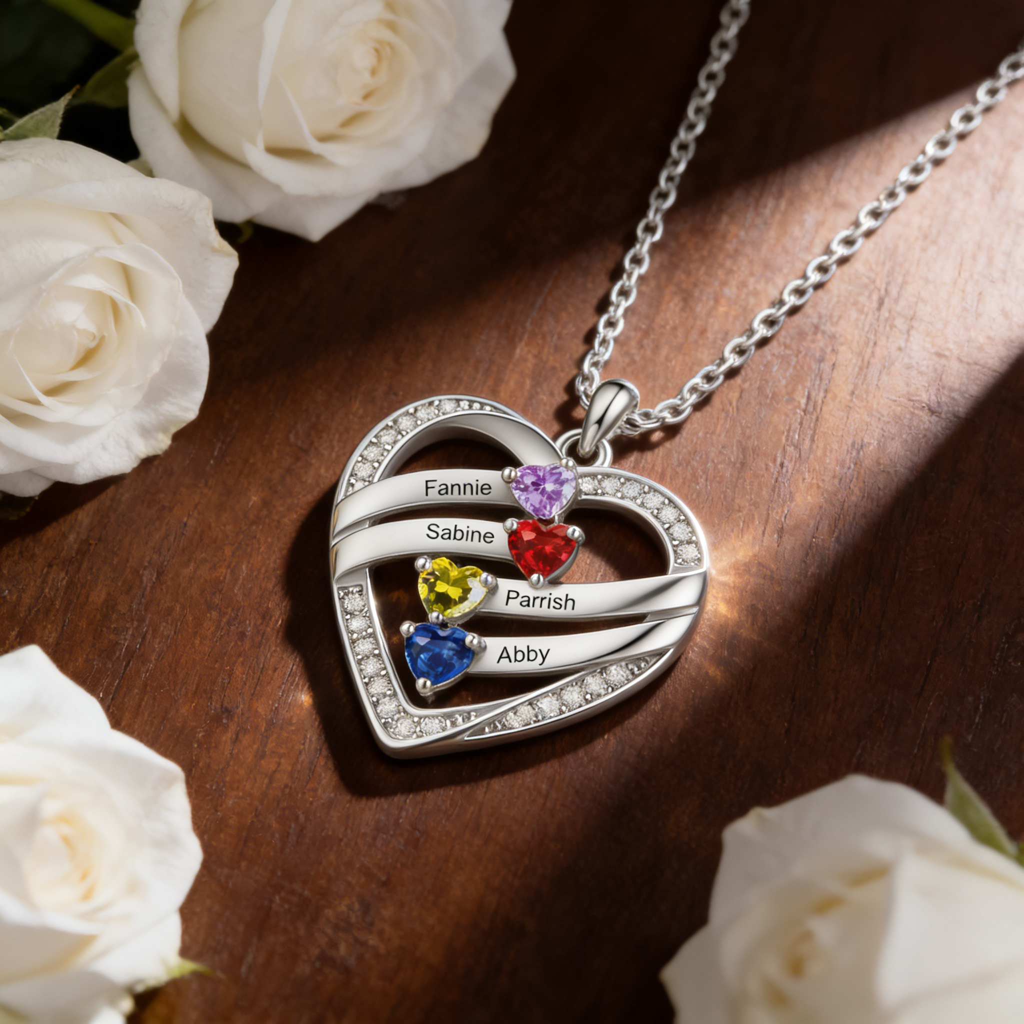 Personalized Heart Birthstones Necklace Custom With 3–5 Children’s Names