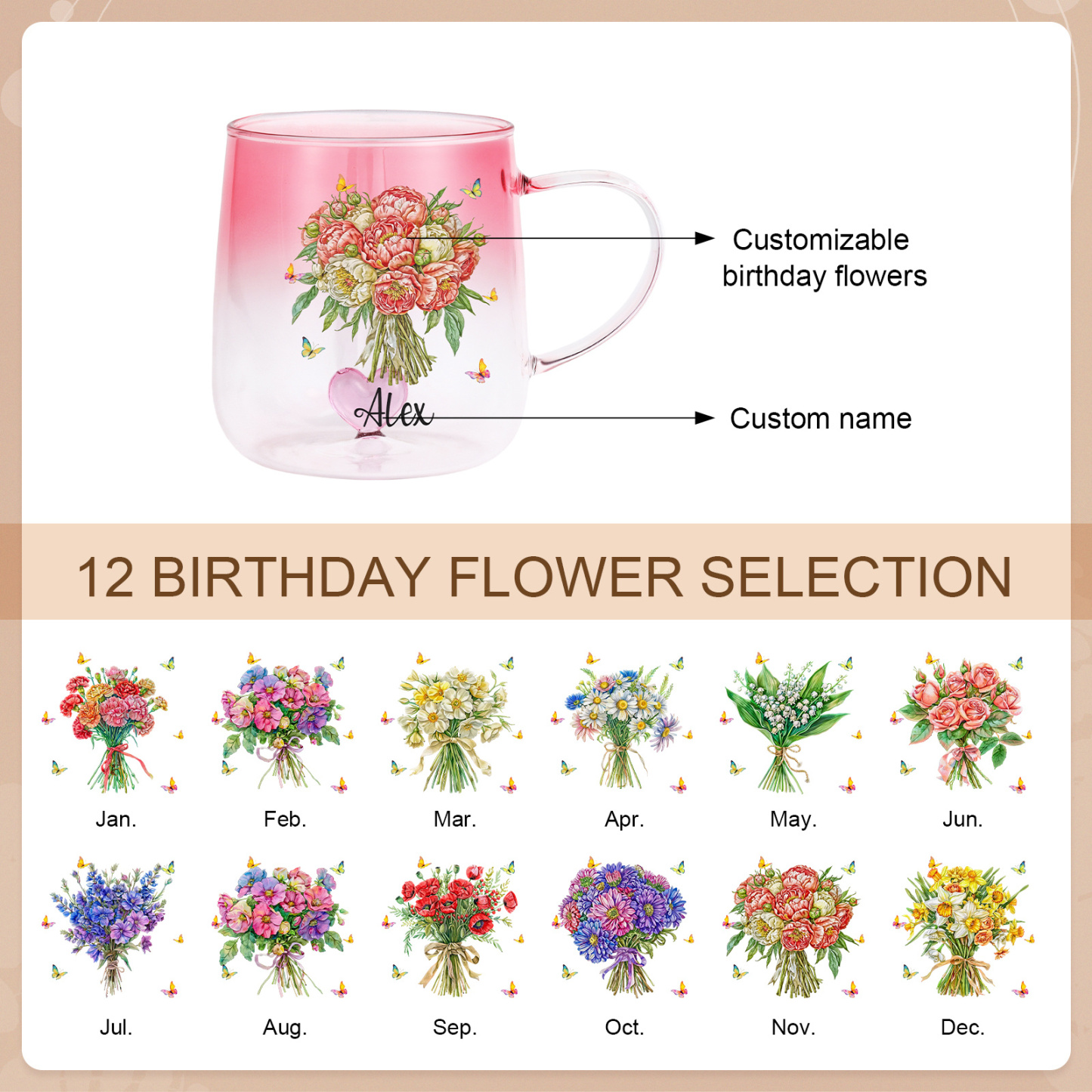 Custom Name Birth Flower Ombre Pink Glass Mug