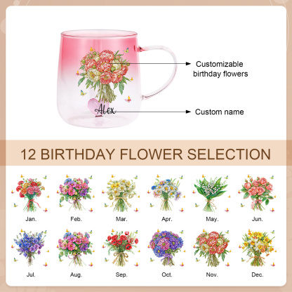 Custom Name Birth Flower Ombre Pink Glass Mug