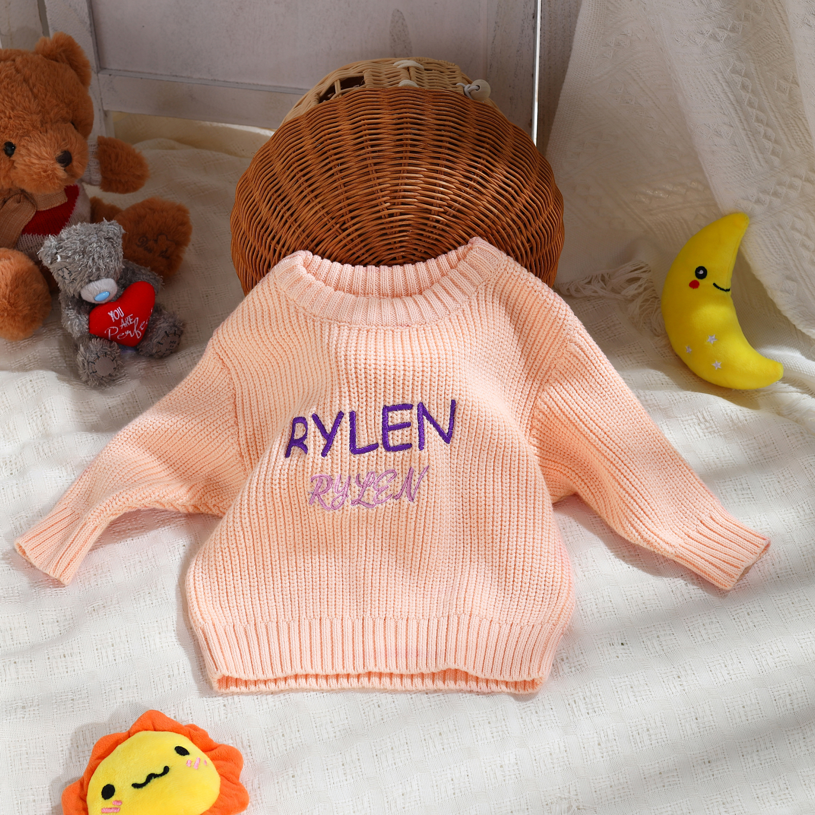 Personalised Baby Knit Sweater – Custom 2 Names Embroidery with Pink/Green/Blue/Brown– Exclusive Baby Gift | Jessemade