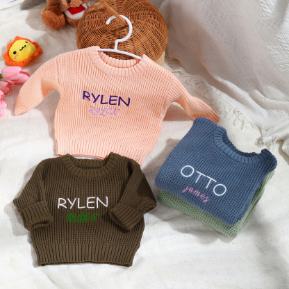 Personalised Baby Knit Sweater – Custom 2 Names Embroidery with Pink/Green/Blue/Brown– Exclusive Baby Gift | Jessemade