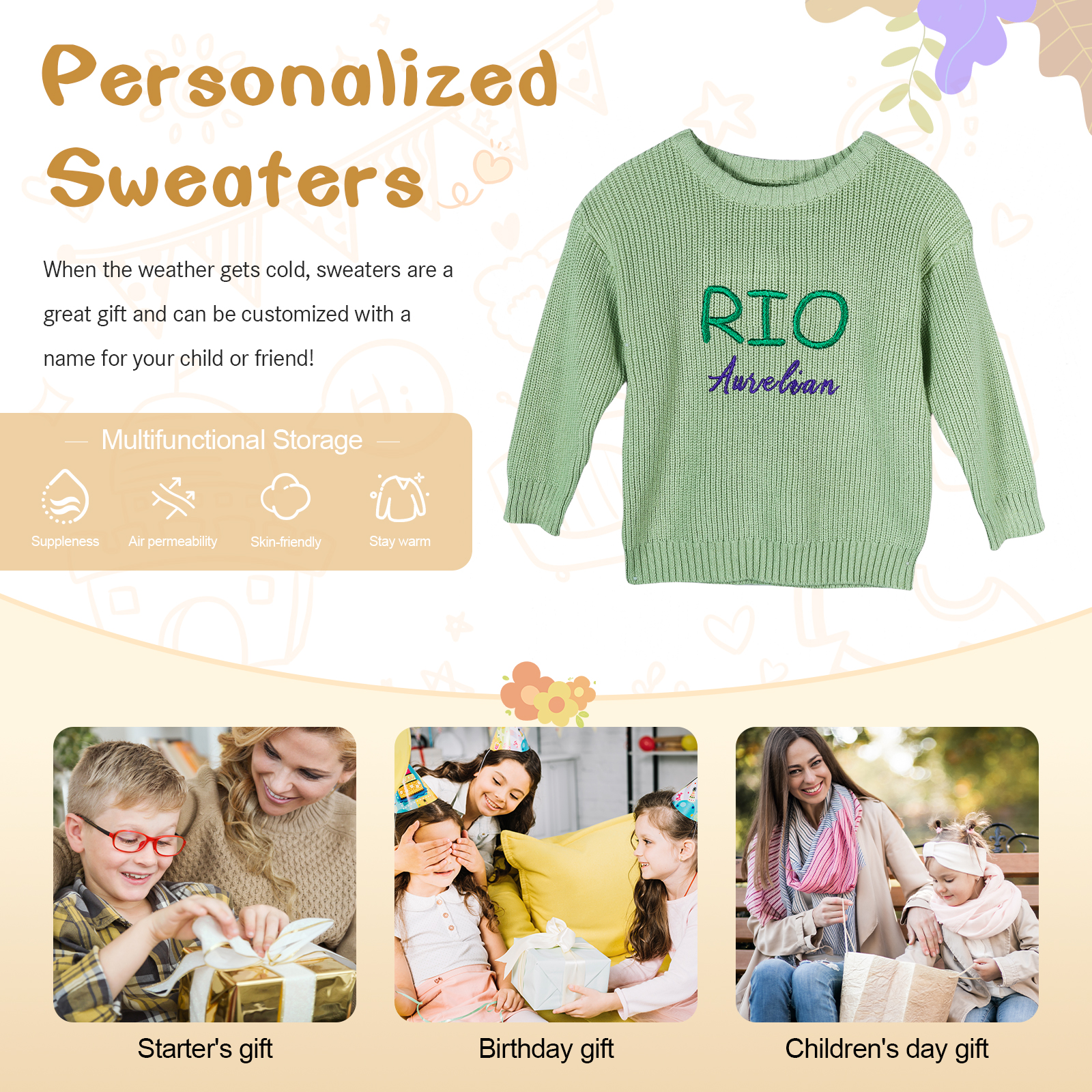 Personalised Baby Knit Sweater – Custom 2 Names Embroidery with Pink/Green/Blue/Brown– Exclusive Baby Gift | Jessemade