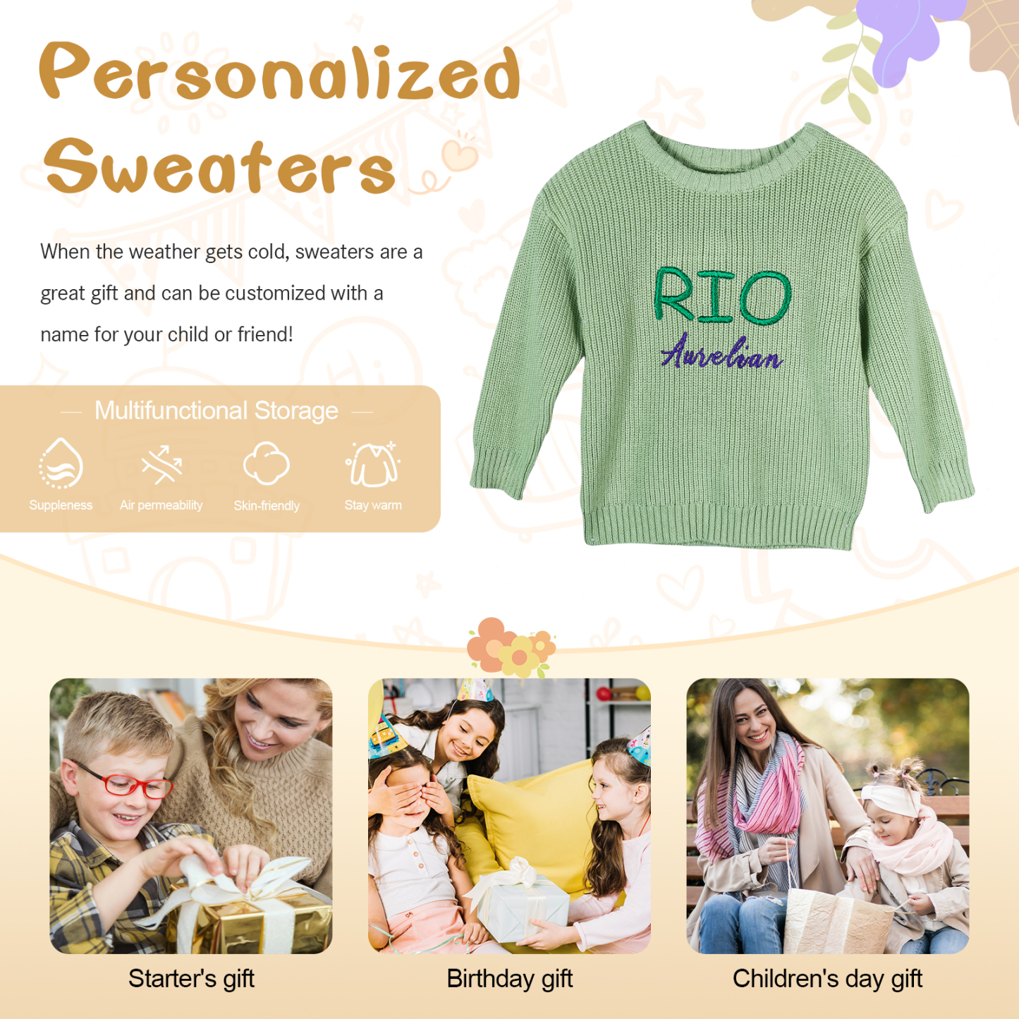 Personalised Baby Knit Sweater – Custom 2 Names Embroidery with Pink/Green/Blue/Brown– Exclusive Baby Gift | Jessemade