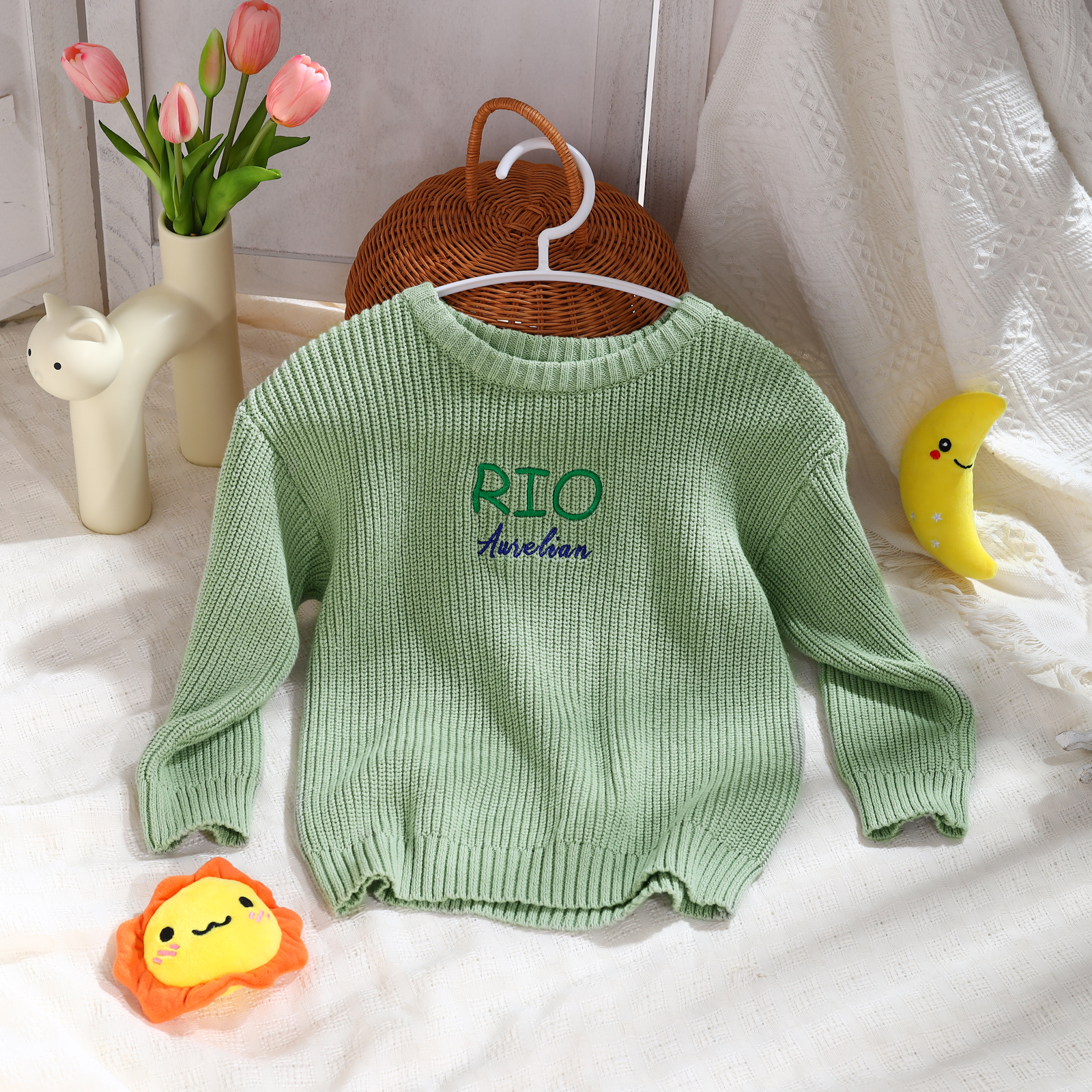 Personalised Baby Knit Sweater – Custom 2 Names Embroidery with Pink/Green/Blue/Brown– Exclusive Baby Gift | Jessemade
