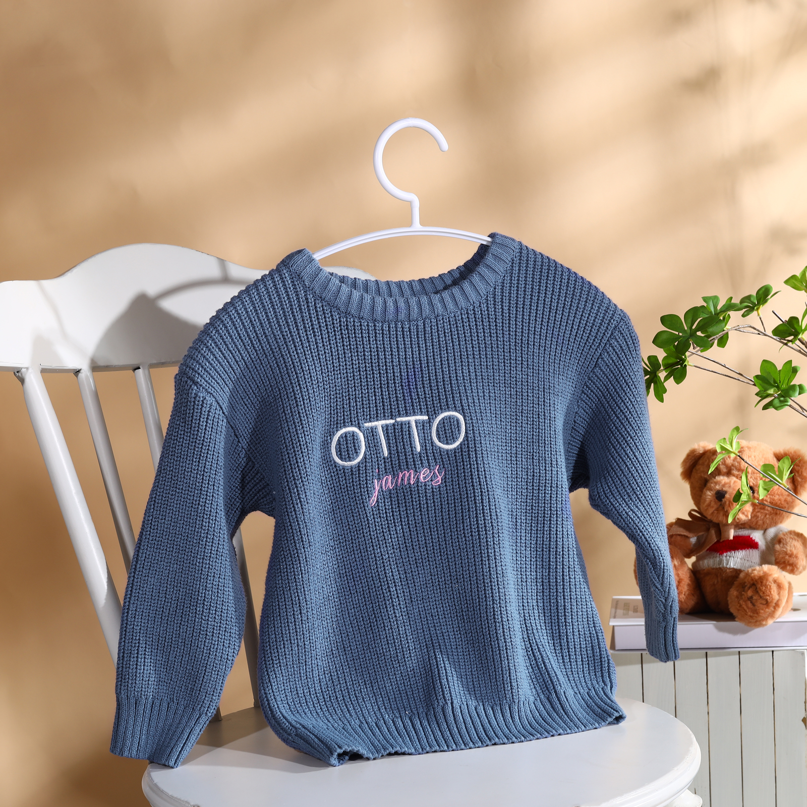 Personalised Baby Knit Sweater – Custom 2 Names Embroidery with Pink/Green/Blue/Brown– Exclusive Baby Gift | Jessemade