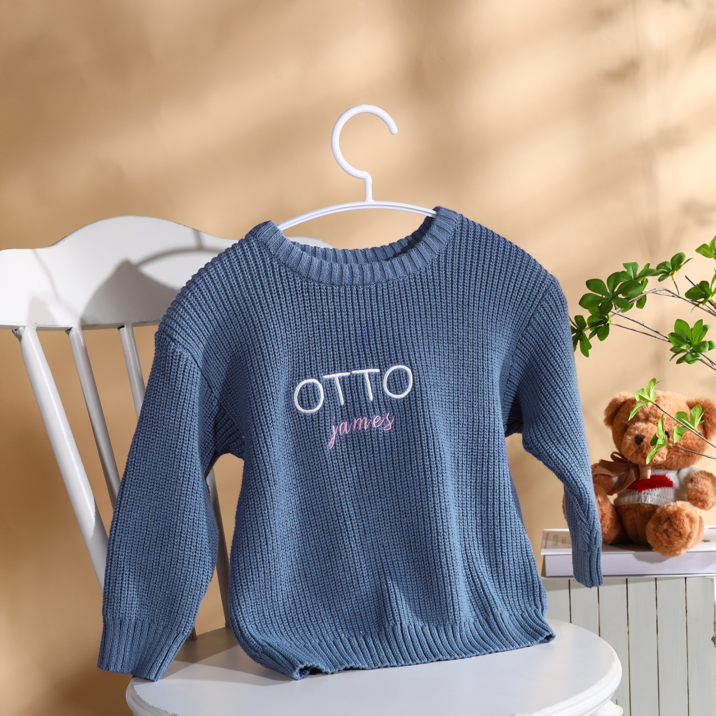 Personalised Baby Knit Sweater – Custom 2 Names Embroidery with Pink/Green/Blue/Brown– Exclusive Baby Gift | Jessemade