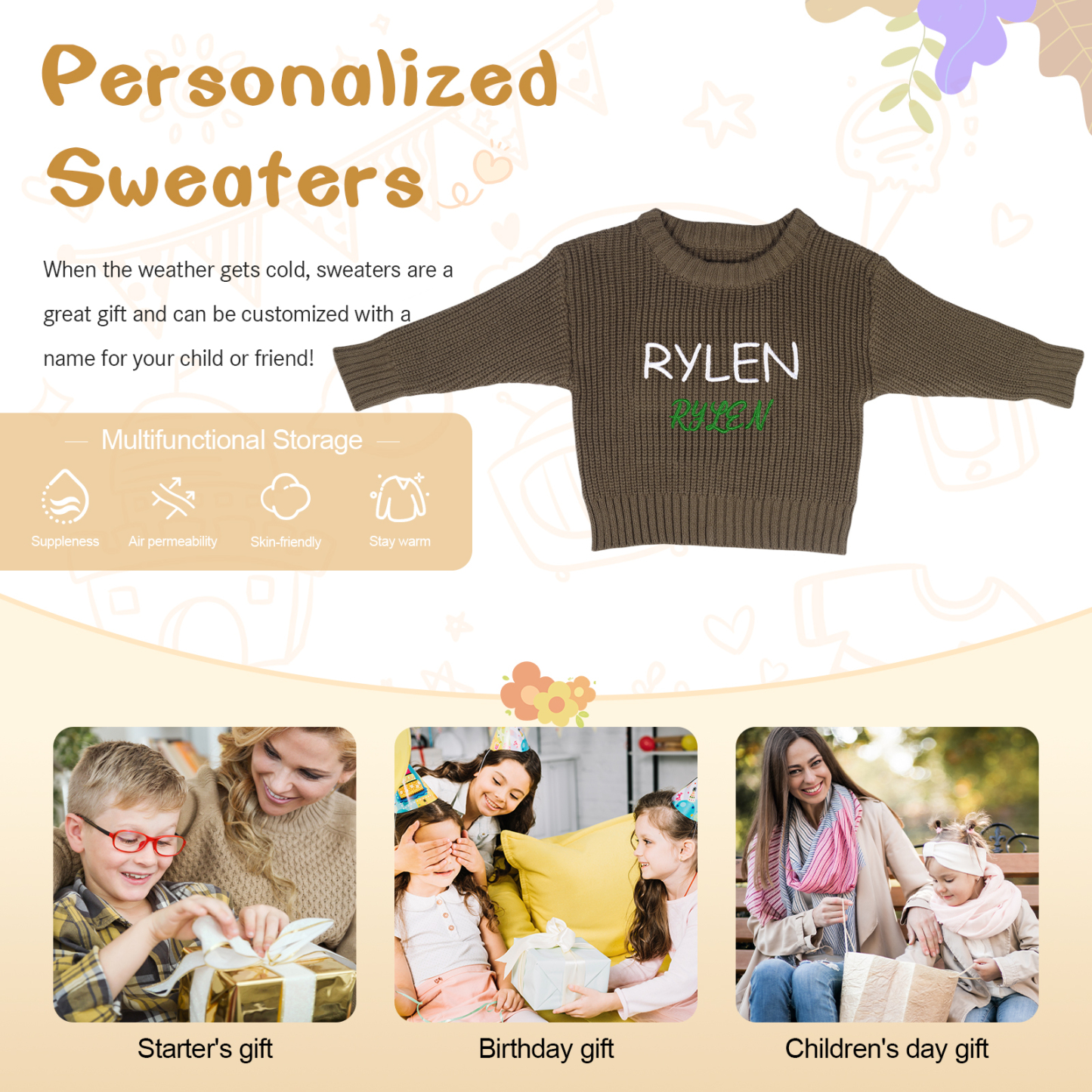 Personalised Baby Knit Sweater – Custom 2 Names Embroidery with Pink/Green/Blue/Brown– Exclusive Baby Gift | Jessemade