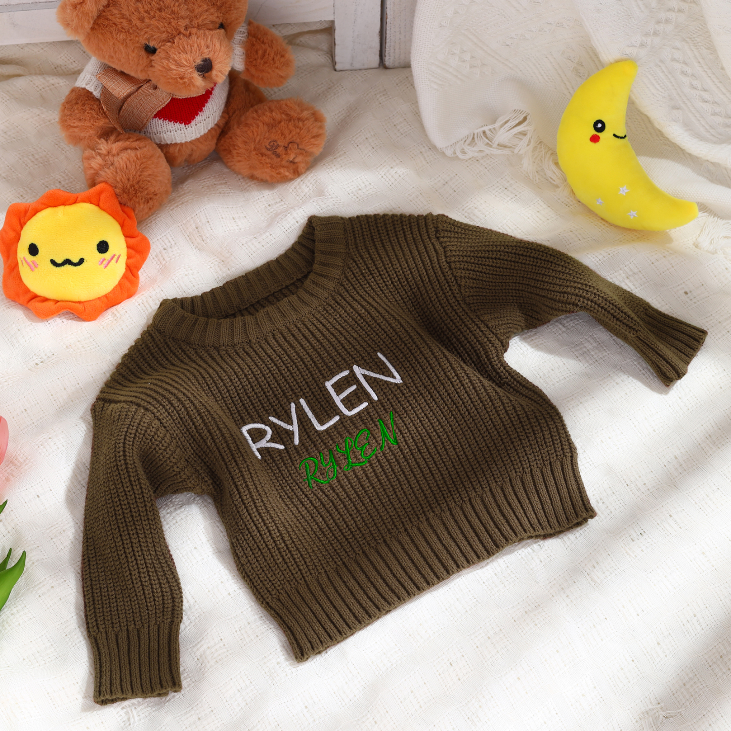 Personalised Baby Knit Sweater – Custom 2 Names Embroidery with Pink/Green/Blue/Brown– Exclusive Baby Gift | Jessemade