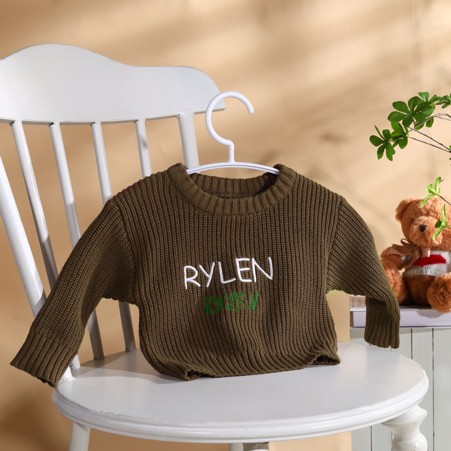 Personalised Baby Knit Sweater – Custom 2 Names Embroidery with Pink/Green/Blue/Brown– Exclusive Baby Gift | Jessemade