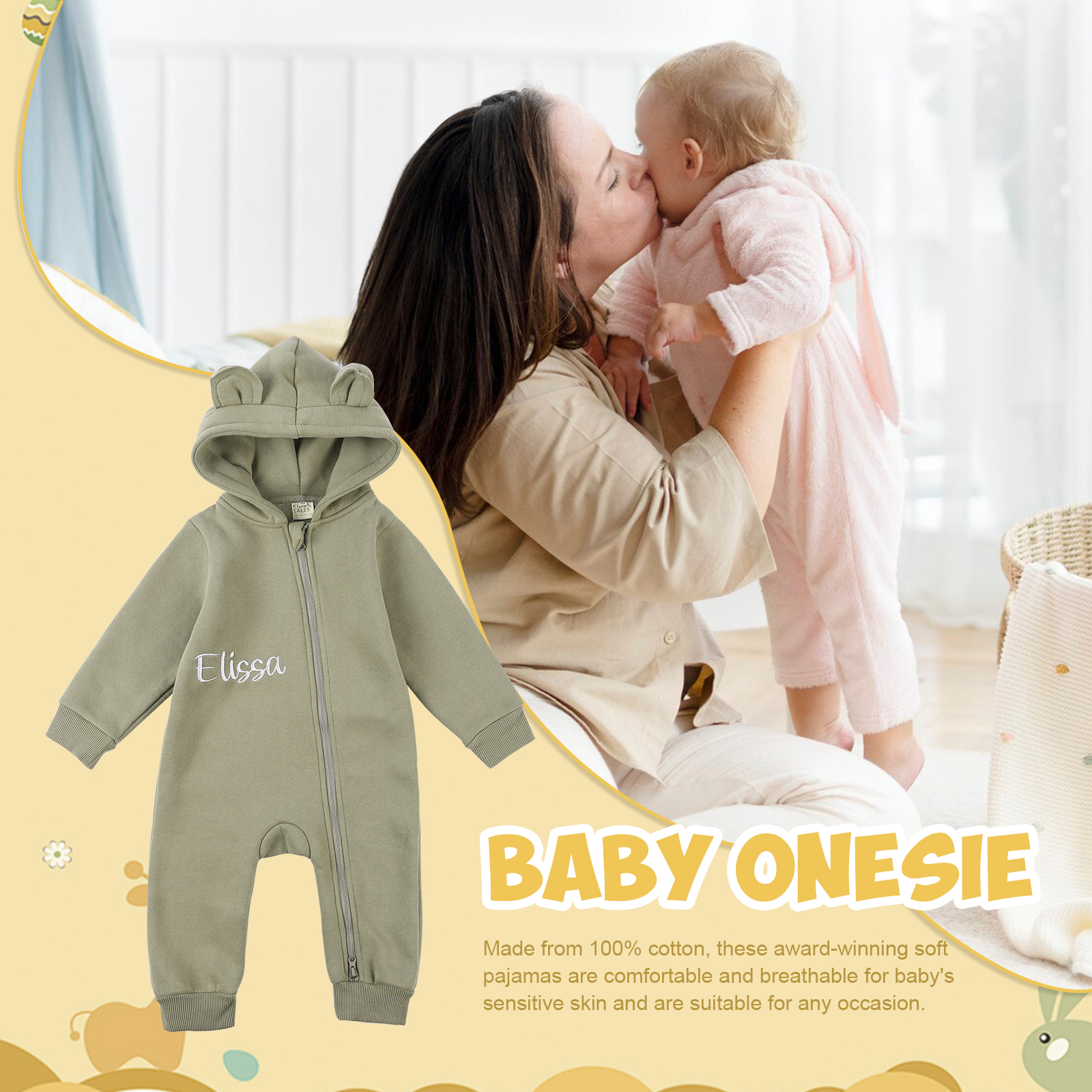 Personalized Baby Onesie – CustomizedCotton Romper with Name-Green/Pink/Beige/Grey Green – Exclusive Baby Gift | Jessemade
