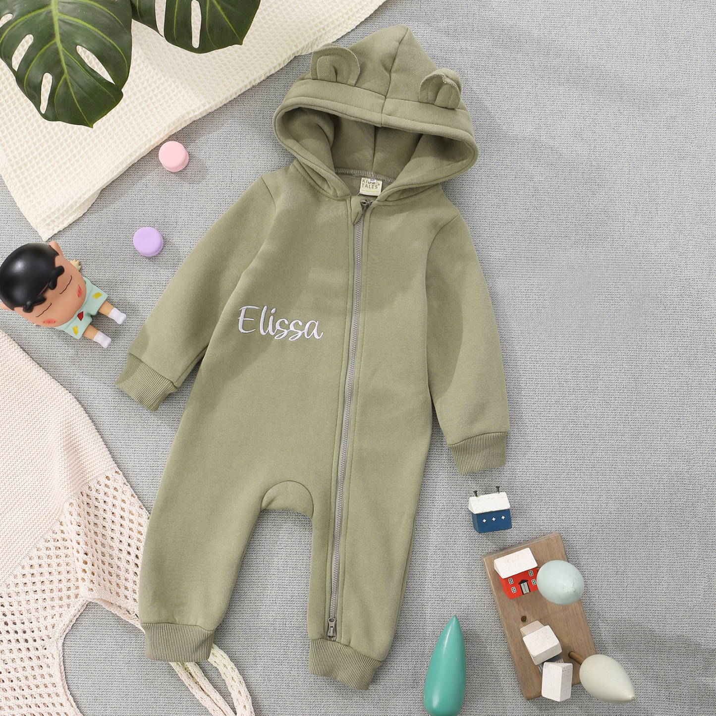 Personalized Baby Onesie – CustomizedCotton Romper with Name-Green/Pink/Beige/Grey Green – Exclusive Baby Gift | Jessemade