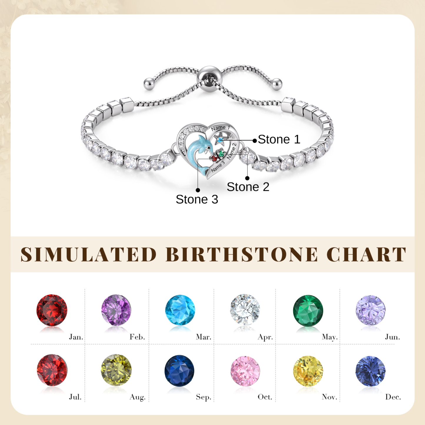 Personalized Dolphin Heart Bracelet with 2–5 Names & Birthstones for Women