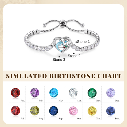 Personalized Dolphin Heart Bracelet with 2–5 Names & Birthstones for Women