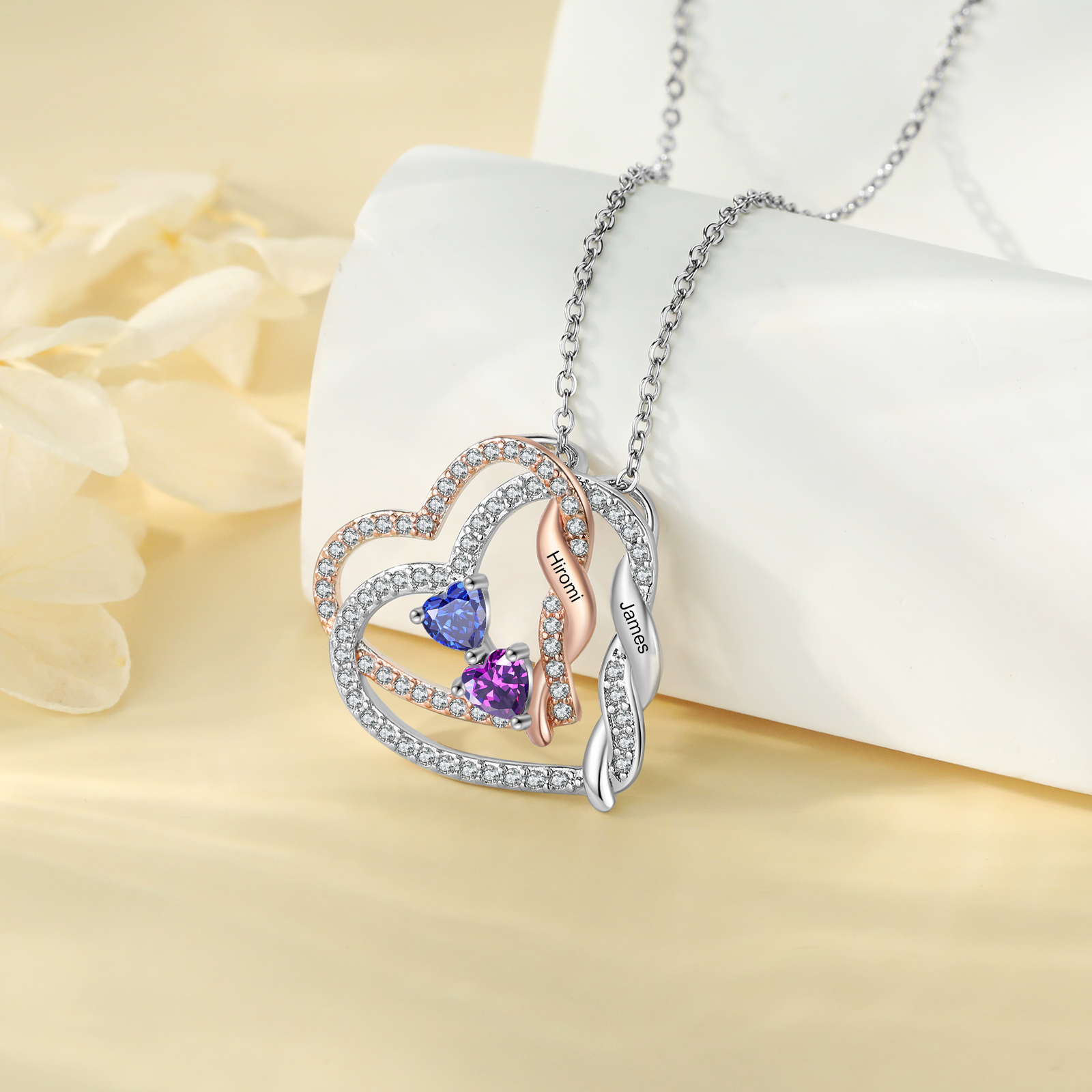 Personalized Heart-to-Heart Birthstone Necklace with Names – Custom Diamond Pendant Gift | Jessemade