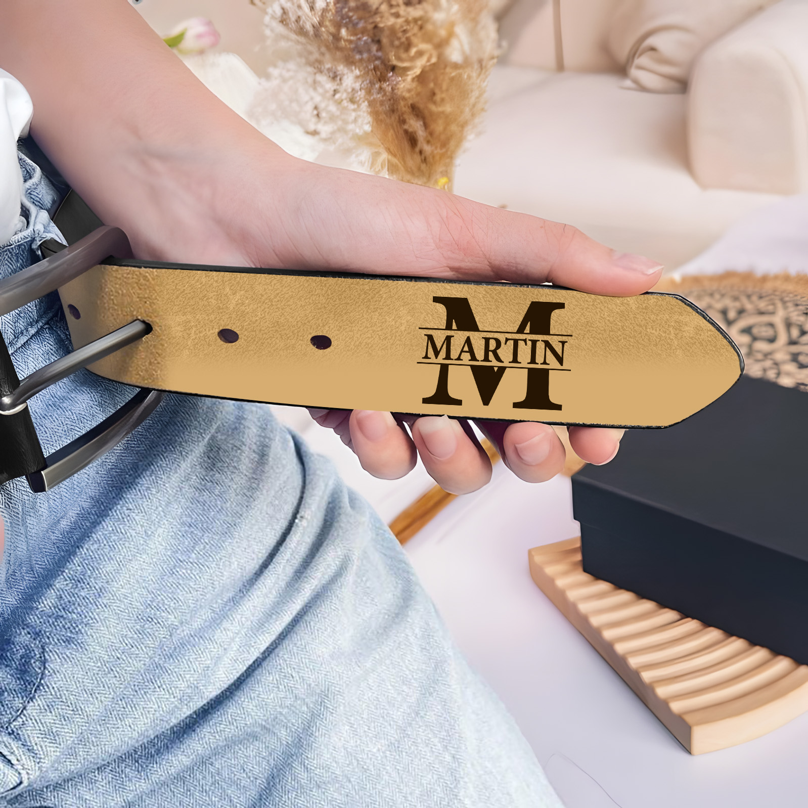 Personalized Leather Belt For Men Custom Initial And Name Engraved Pattern