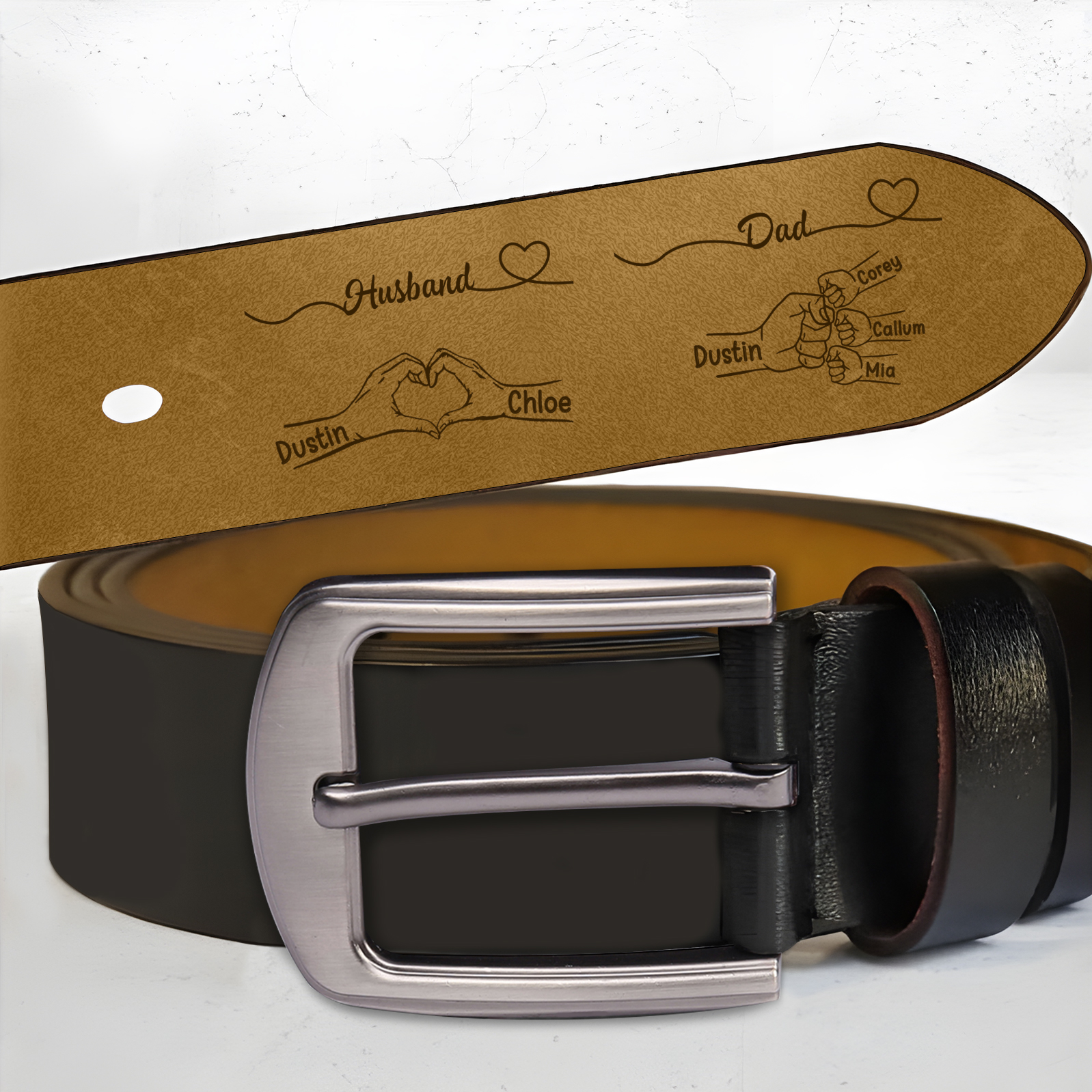 Personalized Men’s Leather Belt for Husband or Dad Engraved with Heart Hand Fist Bump