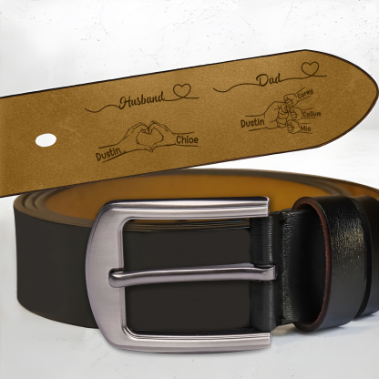 Personalized Men’s Leather Belt for Husband or Dad Engraved with Heart Hand Fist Bump