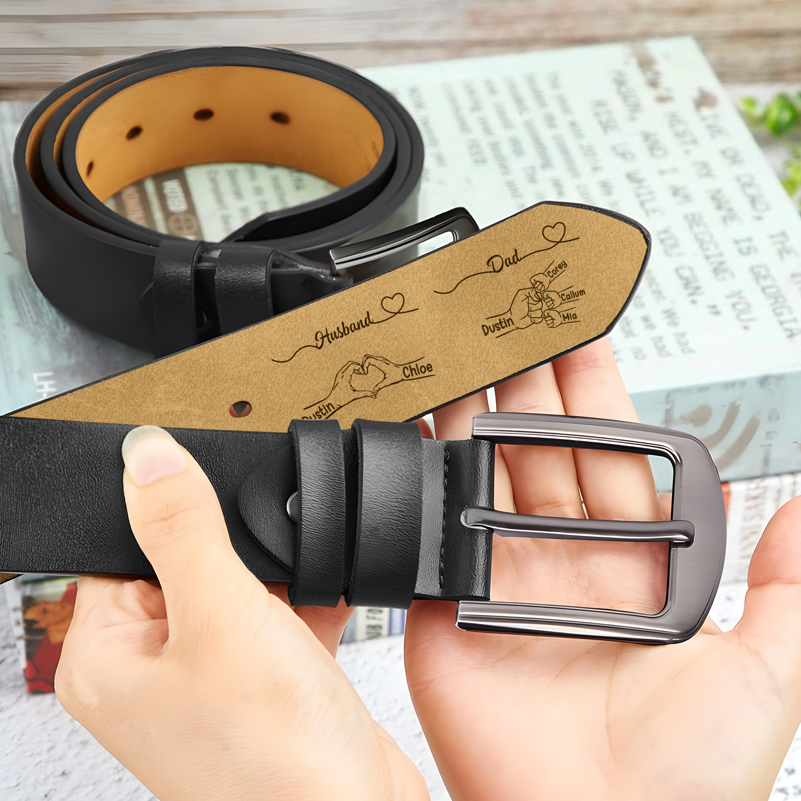 Personalized Men’s Leather Belt for Husband or Dad Engraved with Heart Hand Fist Bump