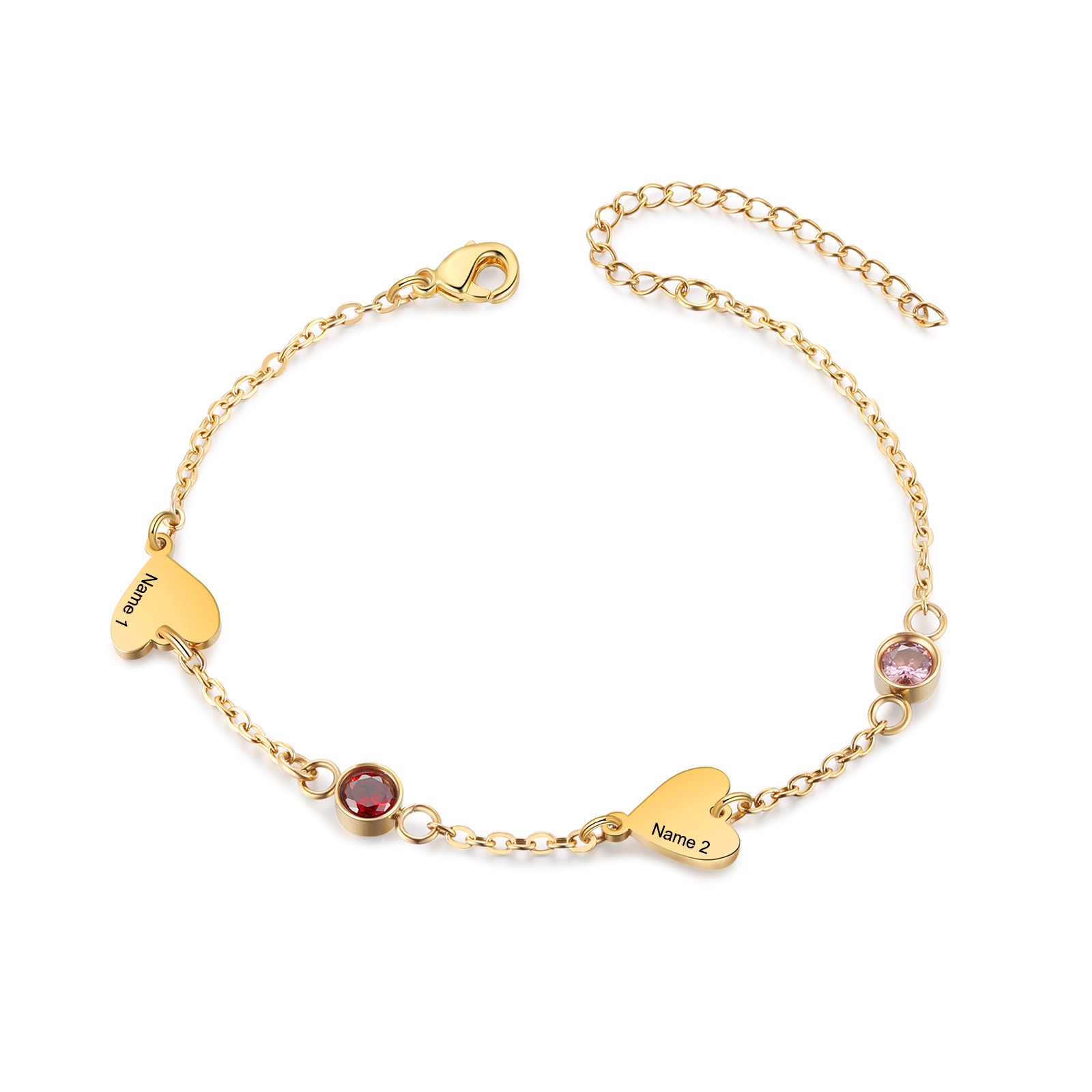 Personalized 1-5 Names Gold Heart Birthstone Chain Bracelet