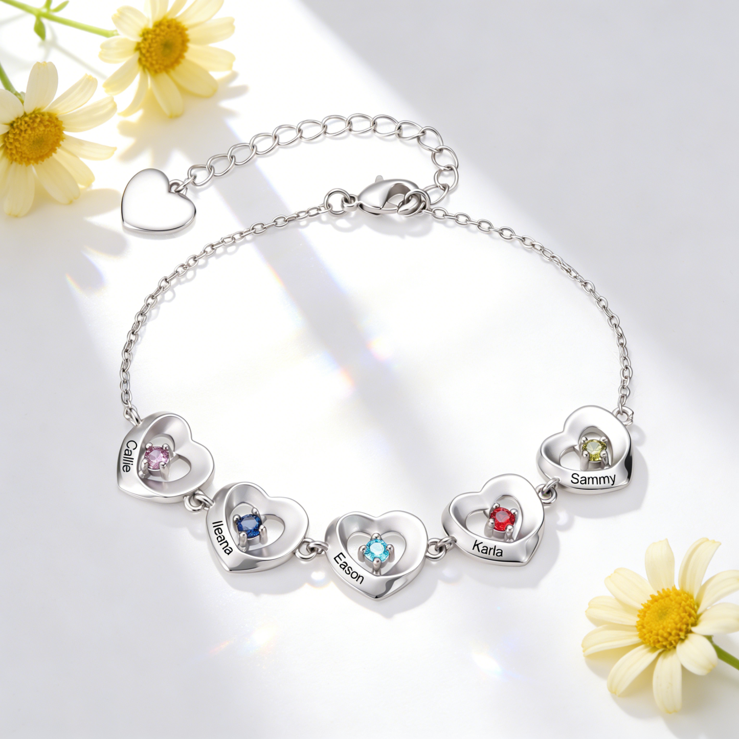 Personalized Linked Hearts Bracelet Customized with 2-5 Names and Birthstones Family Jewelry for Mom